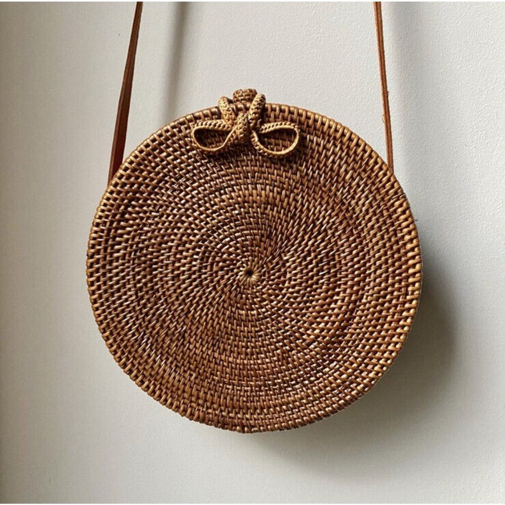 Handmade Bali Rattan Crossbody Bag Tan Handwoven Boho Round Bohemian